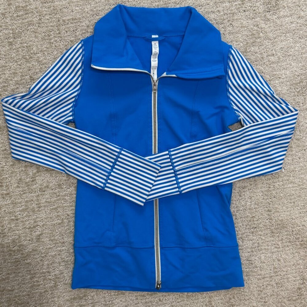 Lululemon Blue Full Zip Yoga Jacket Striped Sleeves | Fitted Athletic Layer - Picture 2 of 16